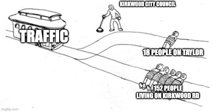 Trolley Problem | KIRKWOOD CITY COUNCIL; TRAFFIC; 18 PEOPLE ON TAYLOR; 152 PEOPLE LIVING ON KIRKWOOD RD | image tagged in trolley problem | made w/ Imgflip meme maker