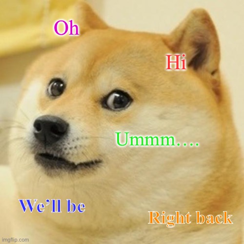 Doge Meme | Oh; Hi; Ummm…. We’ll be; Right back | image tagged in memes,doge | made w/ Imgflip meme maker
