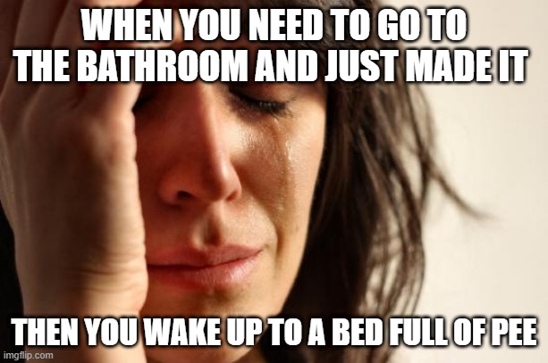 First World Problems Meme | WHEN YOU NEED TO GO TO THE BATHROOM AND JUST MADE IT; THEN YOU WAKE UP TO A BED FULL OF PEE | image tagged in memes,first world problems | made w/ Imgflip meme maker