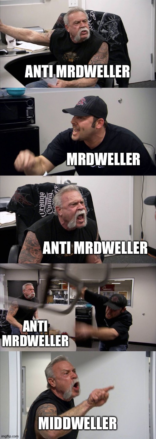 My meme | ANTI MRDWELLER; MRDWELLER; ANTI MRDWELLER; ANTI MRDWELLER; MIDDWELLER | image tagged in memes,american chopper argument | made w/ Imgflip meme maker