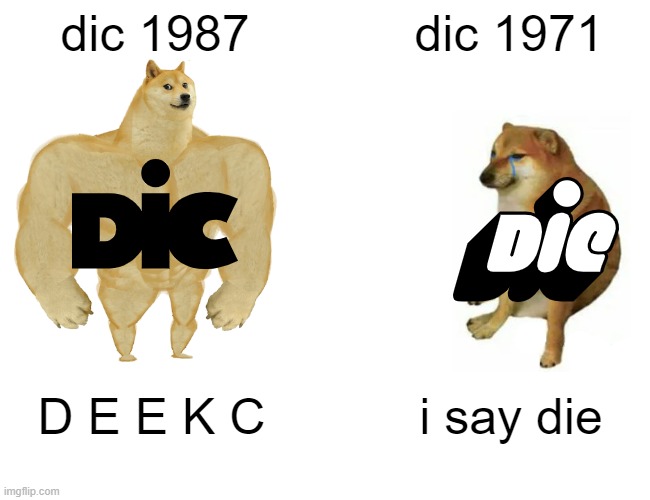 Buff Doge vs. Cheems Meme | dic 1987; dic 1971; D E E K C; i say die | image tagged in memes,buff doge vs cheems | made w/ Imgflip meme maker