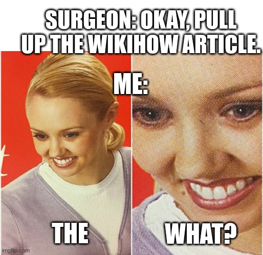Moments before passing out: | SURGEON: OKAY, PULL UP THE WIKIHOW ARTICLE. ME:; WHAT? THE | image tagged in wait what,the what,no good,surgeon,this is fine,scary | made w/ Imgflip meme maker