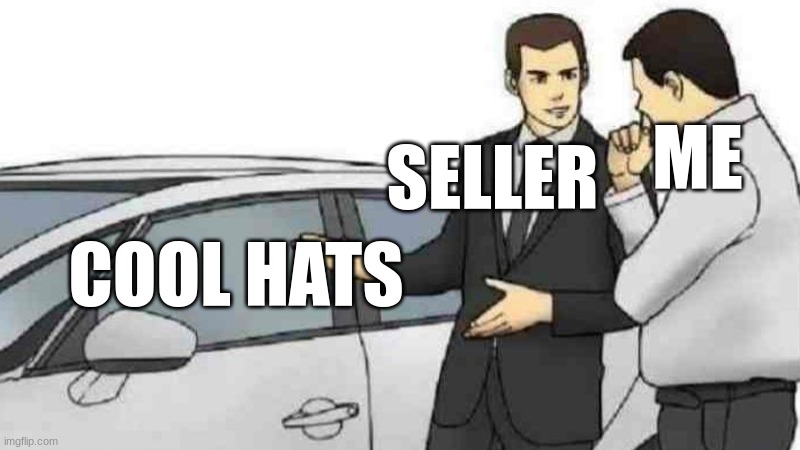 Car Salesman Slaps Roof Of Car | ME; SELLER; COOL HATS | image tagged in memes,car salesman slaps roof of car | made w/ Imgflip meme maker