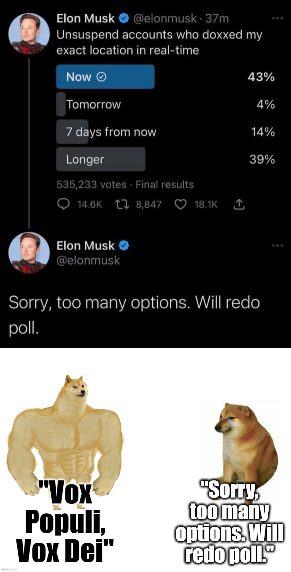 Checking up on Musk's bold approach of crowd-sourcing major mod decisions | "Sorry, too many options. Will redo poll."; "Vox Populi, Vox Dei" | image tagged in elon musk sorry too many options poll,buff doge vs cheems,elon musk,twitter,elon musk buying twitter,muskophobia | made w/ Imgflip meme maker