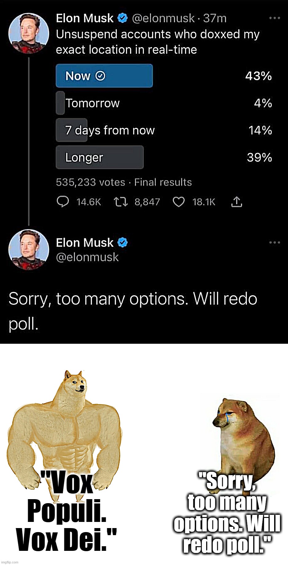 "Sorry, too many options. Will redo poll."; "Vox Populi. Vox Dei." | image tagged in elon musk sorry too many options poll,memes,buff doge vs cheems | made w/ Imgflip meme maker