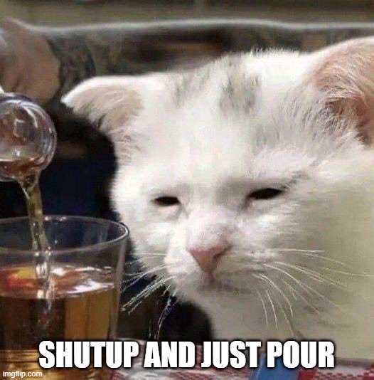 SHUTUP AND JUST POUR | image tagged in cats,funny cat memes,drinking,holidays | made w/ Imgflip meme maker