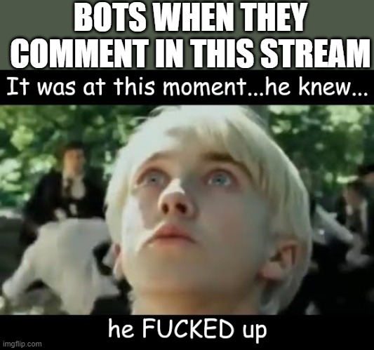 it was at this moment, he knew he F'd up | BOTS WHEN THEY COMMENT IN THIS STREAM | image tagged in it was at this moment he knew he f'd up | made w/ Imgflip meme maker