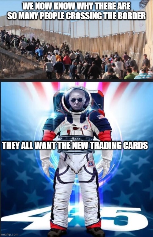 diaper donnie, CULT45, grifting, dementia, LOW IQ repugs | WE NOW KNOW WHY THERE ARE SO MANY PEOPLE CROSSING THE BORDER; THEY ALL WANT THE NEW TRADING CARDS | image tagged in illegal immigrants | made w/ Imgflip meme maker