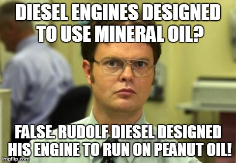 Dwight Schrute | DIESEL ENGINES DESIGNED TO USE MINERAL OIL? FALSE. RUDOLF DIESEL DESIGNED HIS ENGINE TO RUN ON PEANUT OIL! | image tagged in memes,dwight schrute | made w/ Imgflip meme maker