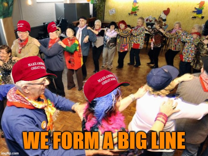 Old people party | WE FORM A BIG LINE | image tagged in old people party | made w/ Imgflip meme maker