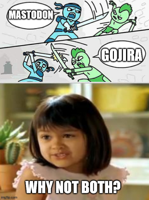 You make it impossible to choose | MASTODON; GOJIRA; WHY NOT BOTH? | image tagged in sword fight | made w/ Imgflip meme maker