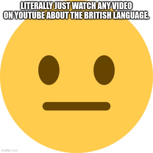 Neutral Emoji | LITERALLY JUST WATCH ANY VIDEO ON YOUTUBE ABOUT THE BRITISH LANGUAGE. | image tagged in neutral emoji | made w/ Imgflip meme maker