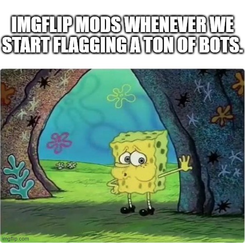 Tired Spongebob | IMGFLIP MODS WHENEVER WE START FLAGGING A TON OF BOTS. | image tagged in tired spongebob | made w/ Imgflip meme maker
