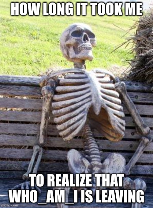 I've been off for awhile. | HOW LONG IT TOOK ME; TO REALIZE THAT WHO_AM_I IS LEAVING | image tagged in memes,waiting skeleton | made w/ Imgflip meme maker