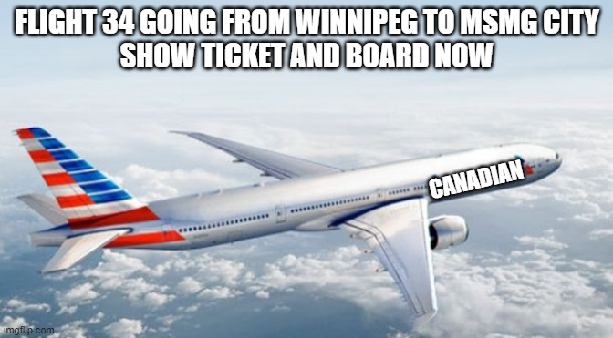 sorry the few other times were very late at night | FLIGHT 34 GOING FROM WINNIPEG TO MSMG CITY
SHOW TICKET AND BOARD NOW; CANADIAN | image tagged in american airlines jet | made w/ Imgflip meme maker