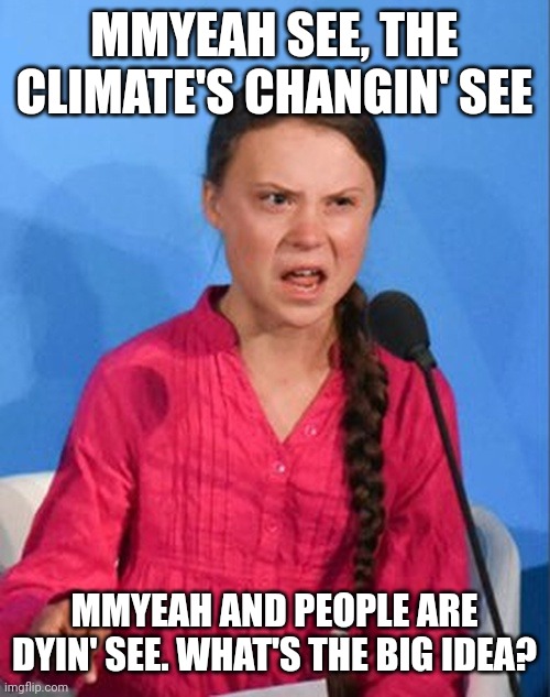 Greta Thunberg how dare you | MMYEAH SEE, THE CLIMATE'S CHANGIN' SEE; MMYEAH AND PEOPLE ARE DYIN' SEE. WHAT'S THE BIG IDEA? | image tagged in greta thunberg how dare you | made w/ Imgflip meme maker