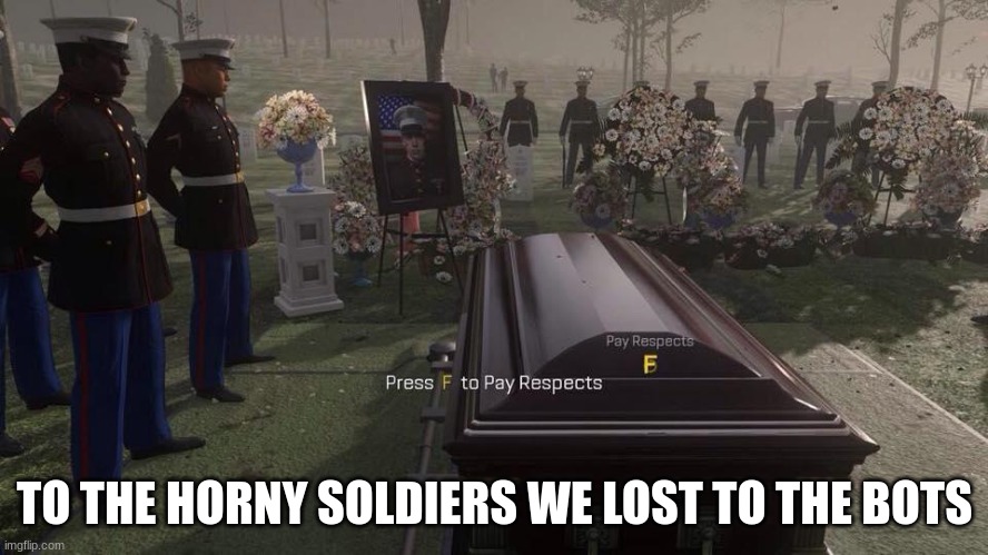 Press F to Pay Respects | TO THE HORNY SOLDIERS WE LOST TO THE BOTS | image tagged in press f to pay respects | made w/ Imgflip meme maker