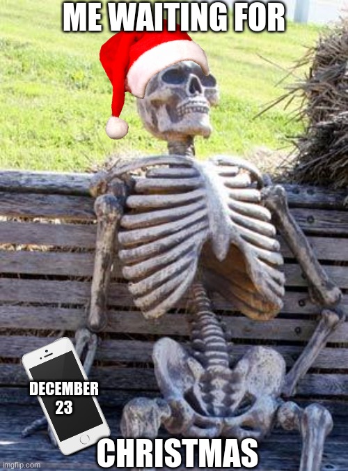 Christmas meme | ME WAITING FOR; DECEMBER 23; CHRISTMAS | image tagged in memes,waiting skeleton,christmas,merry christmas | made w/ Imgflip meme maker