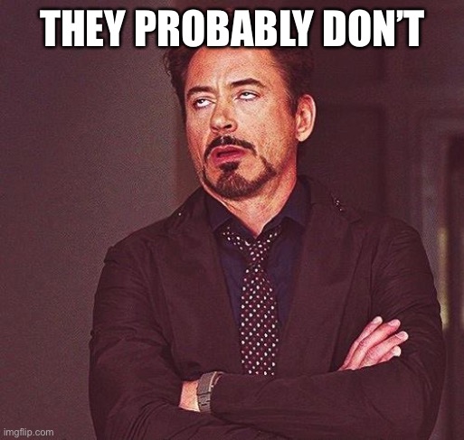 Robert Downey Jr Annoyed | THEY PROBABLY DON’T | image tagged in robert downey jr annoyed | made w/ Imgflip meme maker