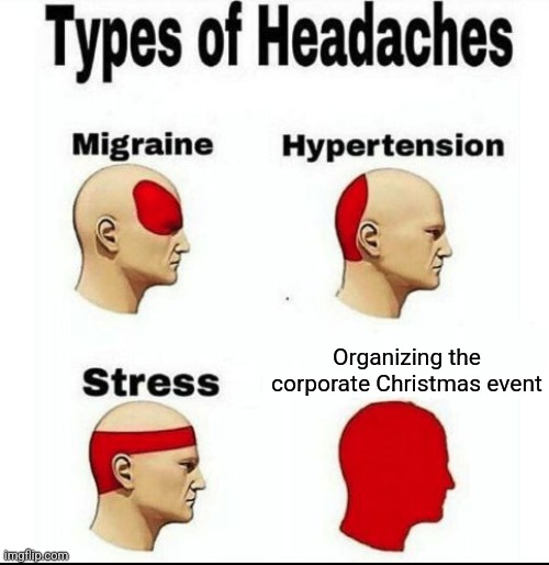 Types of Headaches meme | Organizing the corporate Christmas event | image tagged in types of headaches meme | made w/ Imgflip meme maker