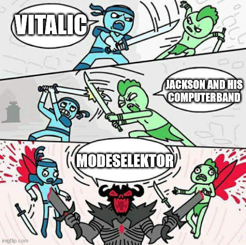 niche! | VITALIC; JACKSON AND HIS
COMPUTERBAND; MODESELEKTOR | image tagged in sword fight | made w/ Imgflip meme maker