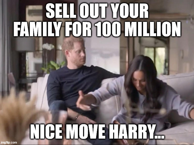 Is Harry finally catching on to his gold digger wife? | SELL OUT YOUR FAMILY FOR 100 MILLION; NICE MOVE HARRY... | image tagged in british royals,scandal | made w/ Imgflip meme maker