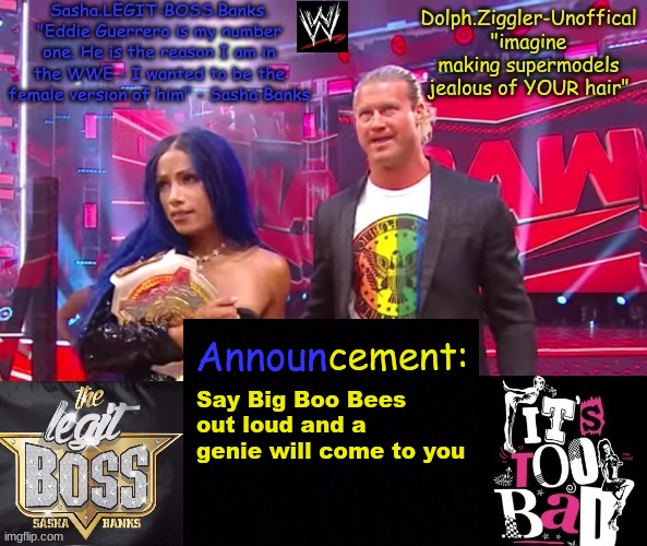 Dolph Ziggler + Sasha Banks DUO announcement temp | Say Big Boo Bees out loud and a genie will come to you | image tagged in dolph ziggler sasha banks duo announcement temp | made w/ Imgflip meme maker