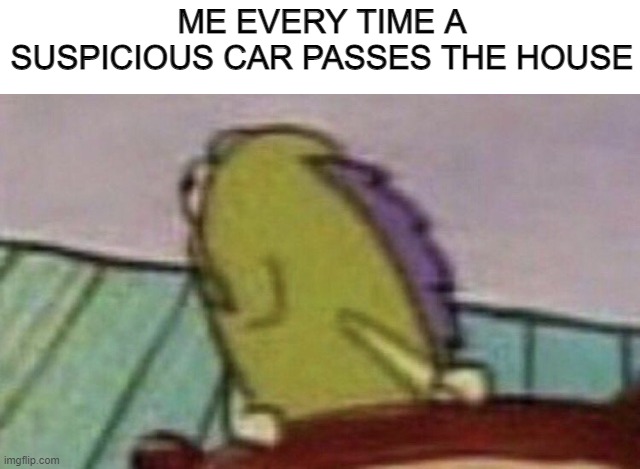 They always pass very slowly | ME EVERY TIME A SUSPICIOUS CAR PASSES THE HOUSE | image tagged in funny,relatable | made w/ Imgflip meme maker