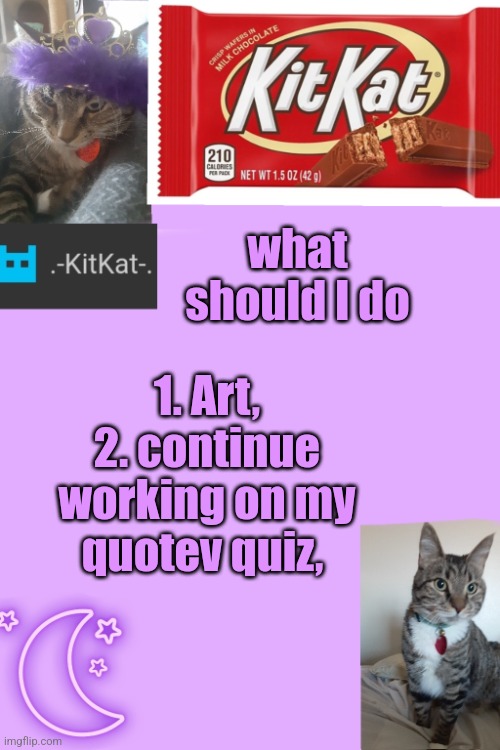Kittys announcement template kitkat addition | what should I do; 1. Art, 2. continue working on my quotev quiz, | image tagged in kittys announcement template kitkat addition | made w/ Imgflip meme maker