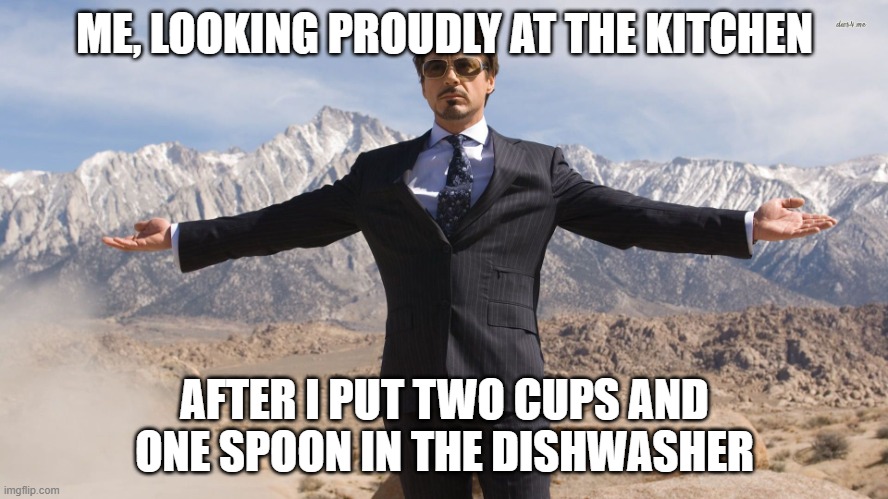 proud | ME, LOOKING PROUDLY AT THE KITCHEN; AFTER I PUT TWO CUPS AND ONE SPOON IN THE DISHWASHER | image tagged in proud | made w/ Imgflip meme maker