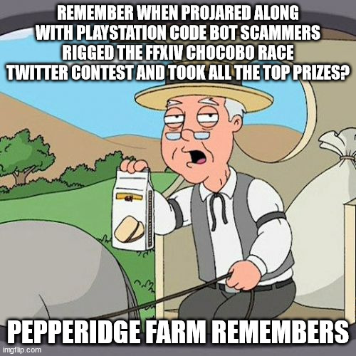 The time when ProJared and code bot scammers rigged a Twitter contest | REMEMBER WHEN PROJARED ALONG WITH PLAYSTATION CODE BOT SCAMMERS RIGGED THE FFXIV CHOCOBO RACE TWITTER CONTEST AND TOOK ALL THE TOP PRIZES? PEPPERIDGE FARM REMEMBERS | image tagged in memes,pepperidge farm remembers,projared,contest,final fantasy xiv,rigged | made w/ Imgflip meme maker