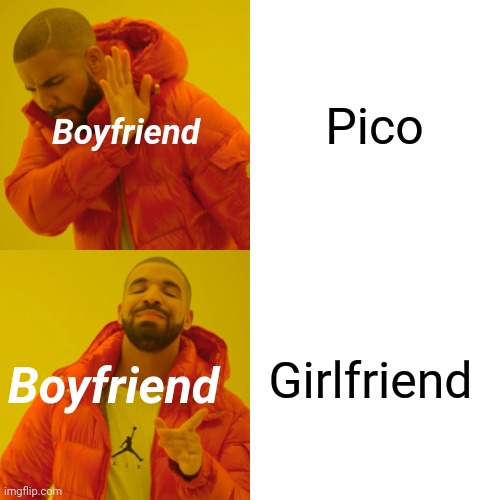 FNF lore | Pico; Boyfriend; Girlfriend; Boyfriend | image tagged in memes,drake hotline bling | made w/ Imgflip meme maker