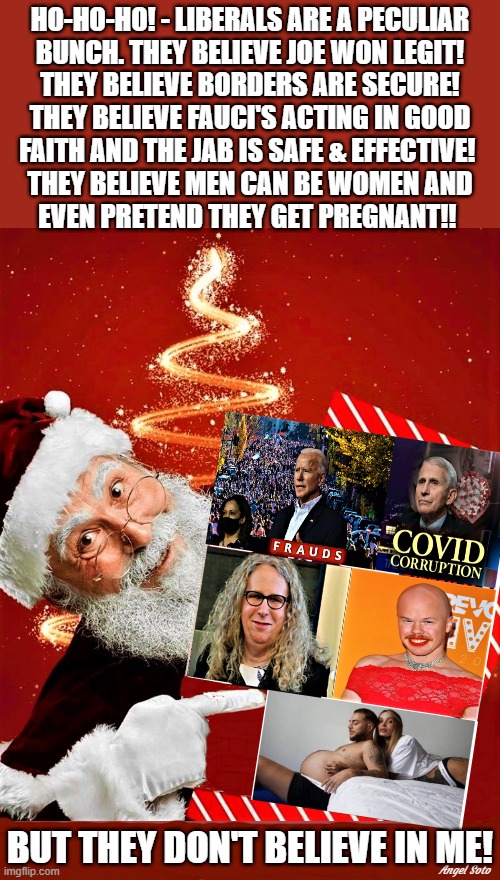 santa's liberal naughty list | HO-HO-HO! - LIBERALS ARE A PECULIAR
BUNCH. THEY BELIEVE JOE WON LEGIT!
THEY BELIEVE BORDERS ARE SECURE!
THEY BELIEVE FAUCI'S ACTING IN GOOD
FAITH AND THE JAB IS SAFE & EFFECTIVE! 
THEY BELIEVE MEN CAN BE WOMEN AND
EVEN PRETEND THEY GET PREGNANT!! BUT THEY DON'T BELIEVE IN ME! Angel Soto | image tagged in christmas memes,liberal hypocrisy,joe biden,election fraud,fauci corrupt,covid vaccine | made w/ Imgflip meme maker