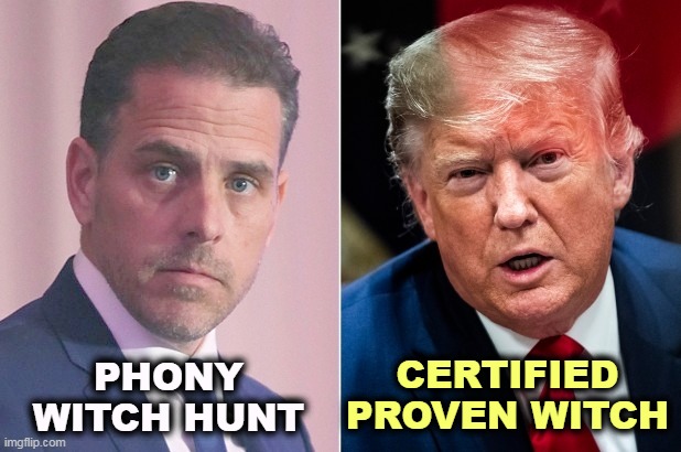 No equivalency possible. Don't even try. | CERTIFIED
PROVEN WITCH; PHONY
WITCH HUNT | image tagged in hunter biden,innocent,trump,guilty,witch hunt | made w/ Imgflip meme maker