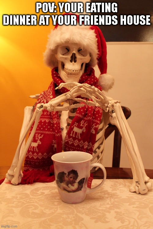 Awkward | POV: YOUR EATING DINNER AT YOUR FRIENDS HOUSE | image tagged in santa skeleton,santa,skeleton,santa claus,christmas,festive | made w/ Imgflip meme maker