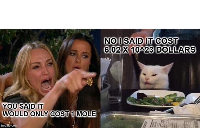 costs only a mole | NO I SAID IT COST 6.02 X 10^23 DOLLARS; YOU SAID IT WOULD ONLY COST 1 MOLE | image tagged in memes,woman yelling at cat | made w/ Imgflip meme maker