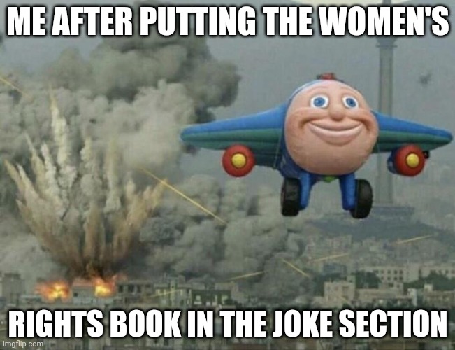 I'm a female human, please don't cancel me <//3 | ME AFTER PUTTING THE WOMEN'S; RIGHTS BOOK IN THE JOKE SECTION | image tagged in plane flying from explosions,women rights,books | made w/ Imgflip meme maker