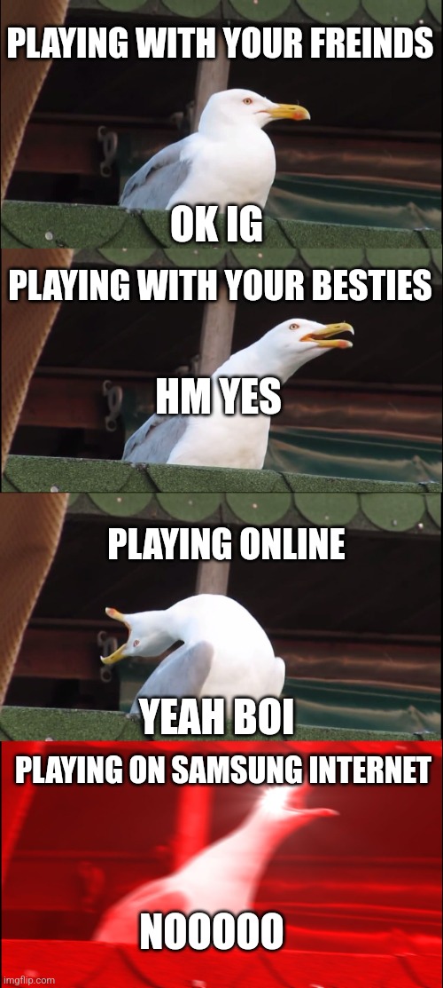 Inhaling Seagull | PLAYING WITH YOUR FREINDS; OK IG; PLAYING WITH YOUR BESTIES; HM YES; PLAYING ONLINE; YEAH BOI; PLAYING ON SAMSUNG INTERNET; NOOOOO | image tagged in memes,inhaling seagull | made w/ Imgflip meme maker