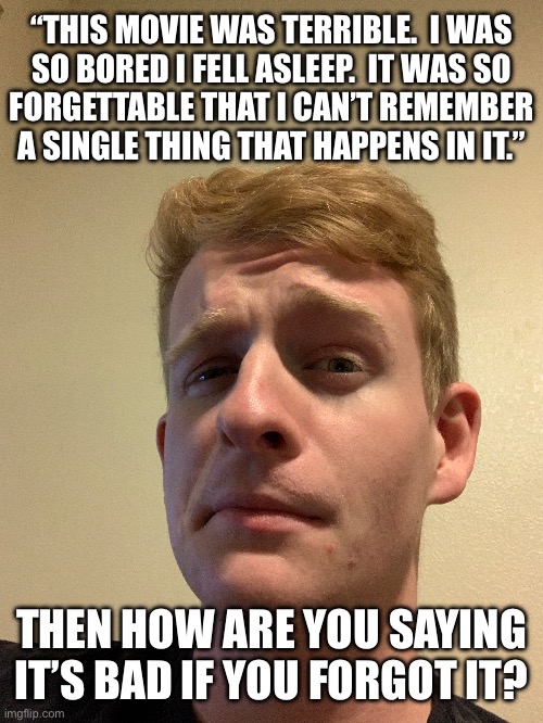 “THIS MOVIE WAS TERRIBLE.  I WAS
SO BORED I FELL ASLEEP.  IT WAS SO
FORGETTABLE THAT I CAN’T REMEMBER
A SINGLE THING THAT HAPPENS IN IT.”; THEN HOW ARE YOU SAYING IT’S BAD IF YOU FORGOT IT? | made w/ Imgflip meme maker