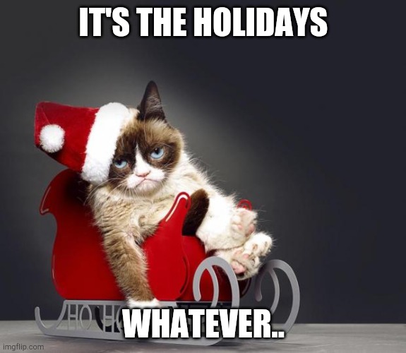 Grumpy Cat Christmas HD | IT'S THE HOLIDAYS; WHATEVER.. | image tagged in grumpy cat christmas hd | made w/ Imgflip meme maker