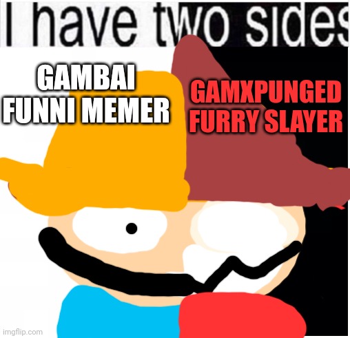 Two sides | GAMXPUNGED FURRY SLAYER; GAMBAI
FUNNI MEMER | image tagged in i have two sides,anti furry | made w/ Imgflip meme maker