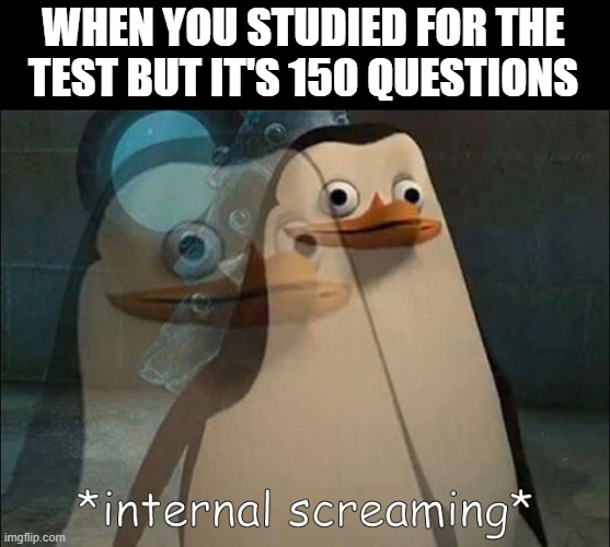 happens all the time | WHEN YOU STUDIED FOR THE TEST BUT IT'S 150 QUESTIONS | image tagged in private internal screaming | made w/ Imgflip meme maker