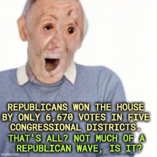 Not an overwhelming endorsement. Not really. | REPUBLICANS WON THE HOUSE 
BY ONLY 6,670 VOTES IN FIVE 
CONGRESSIONAL DISTRICTS. THAT'S ALL? NOT MUCH OF A 
REPUBLICAN WAVE, IS IT? | image tagged in republicans,congress,thin,majority | made w/ Imgflip meme maker