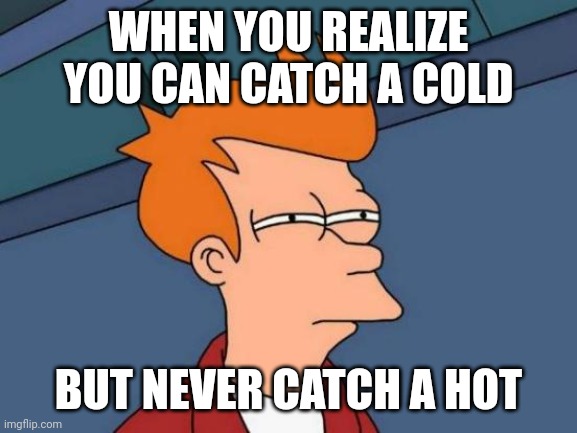 Proof we can conquer illness. We've already eradicating the common hot. What's taking so long with the common cold? | WHEN YOU REALIZE YOU CAN CATCH A COLD; BUT NEVER CATCH A HOT | image tagged in futurama fry,illness,cold,hot,health,this could be us | made w/ Imgflip meme maker