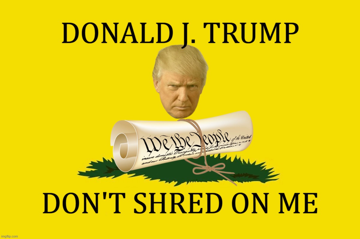 DJT don't shred on me! | DONALD J. TRUMP; DON'T SHRED ON ME | image tagged in gadsden flag,scumbag trump,constitution,shredder,dont,do it | made w/ Imgflip meme maker