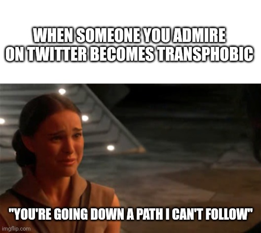 I'm very sad | WHEN SOMEONE YOU ADMIRE ON TWITTER BECOMES TRANSPHOBIC; "YOU'RE GOING DOWN A PATH I CAN'T FOLLOW" | image tagged in blank white template,padme you're breaking my heart | made w/ Imgflip meme maker