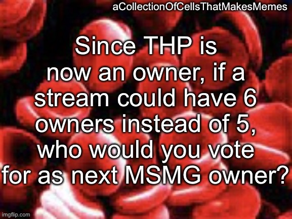 Probably velatino (you cannot say yourself) | Since THP is now an owner, if a stream could have 6 owners instead of 5, who would you vote for as next MSMG owner? | image tagged in acollectionofcellsthatmakesmemes announcement template | made w/ Imgflip meme maker
