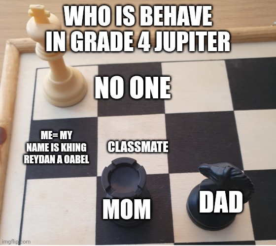 Check mate | WHO IS BEHAVE IN GRADE 4 JUPITER; NO ONE; CLASSMATE; ME= MY NAME IS KHING REYDAN A OABEL; DAD; MOM | image tagged in check mate | made w/ Imgflip meme maker
