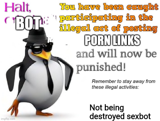 halt criminal! | PORN LINKS Not being destroyed sexbot BOT | image tagged in halt criminal | made w/ Imgflip meme maker