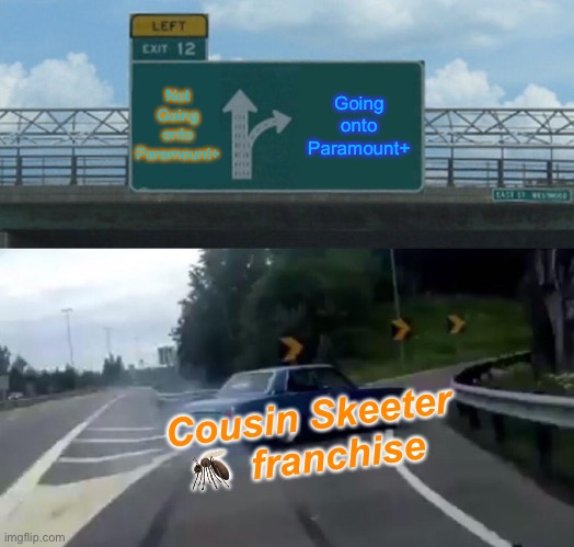 Left Exit 12 Off Ramp Meme | Not Going onto Paramount+; Going onto Paramount+; Cousin Skeeter 🦟  franchise | image tagged in memes,left exit 12 off ramp | made w/ Imgflip meme maker